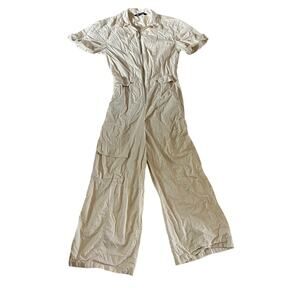Zara Cream Wide Leg Utility Jumpsuit Sz XS Cargo Pockets Zip